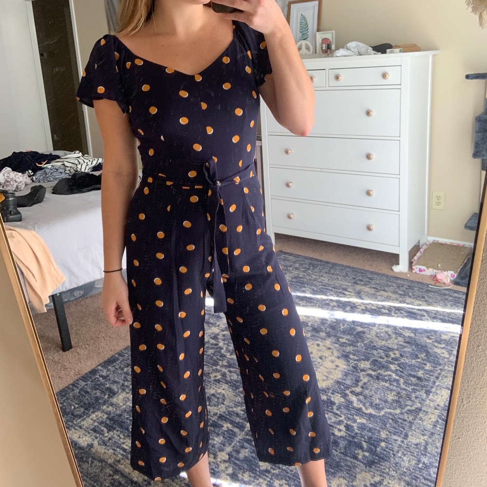 Front Tie Navy w Yellow Polkadots Cropped Jumpsuit